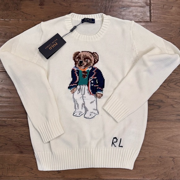 Polo Ralph Lauren Sweaters - Polo by Ralph Lauren Cream Crewneck Sweater with Bear Intarsia